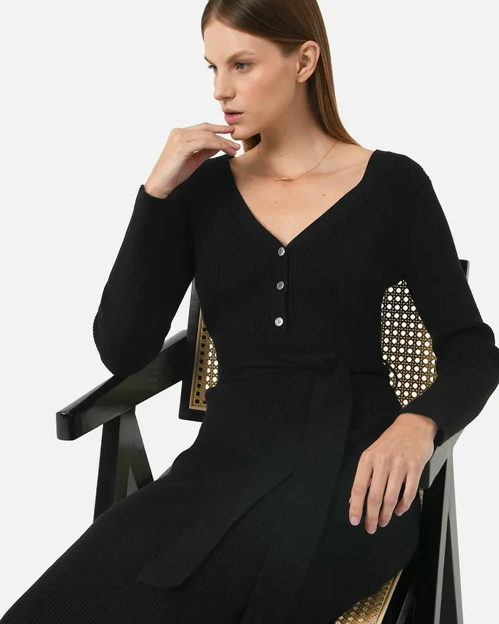 Forcast Amberly Tie Waist Knit Dress Black Women Midi Dresses