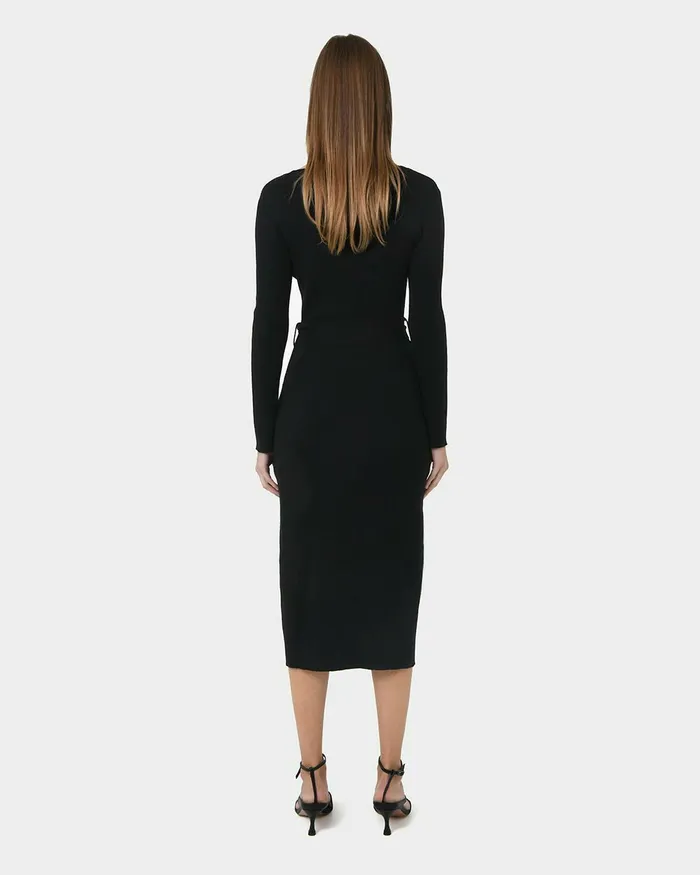 Forcast Amberly Tie Waist Knit Dress Black Women Midi Dresses