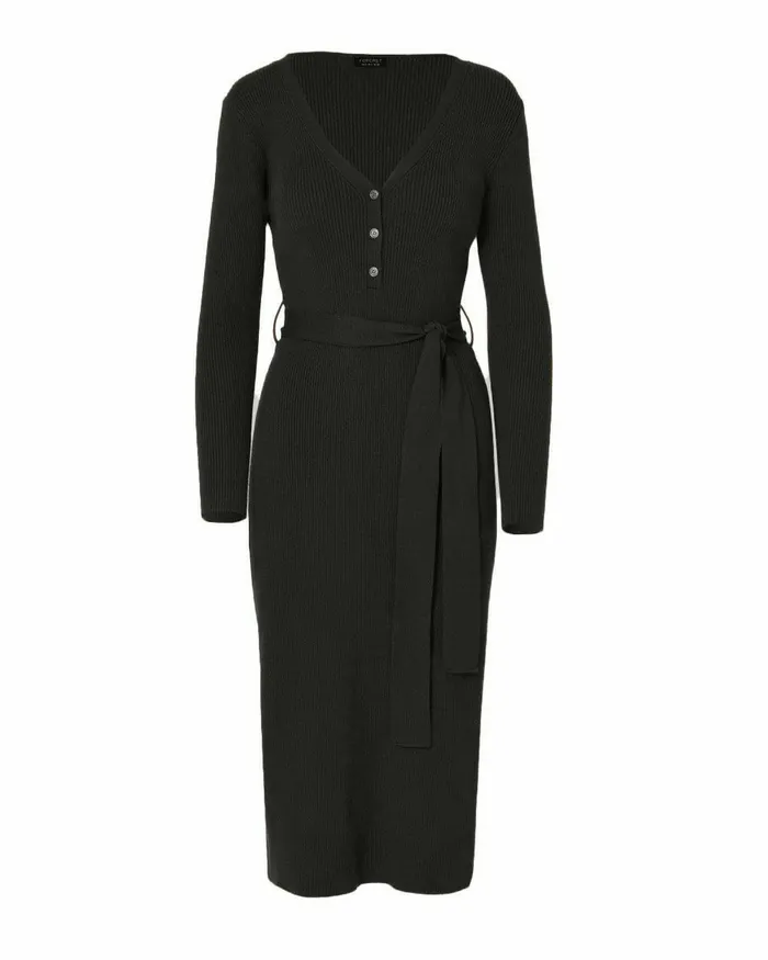 Forcast Amberly Tie Waist Knit Dress Black Women Midi Dresses