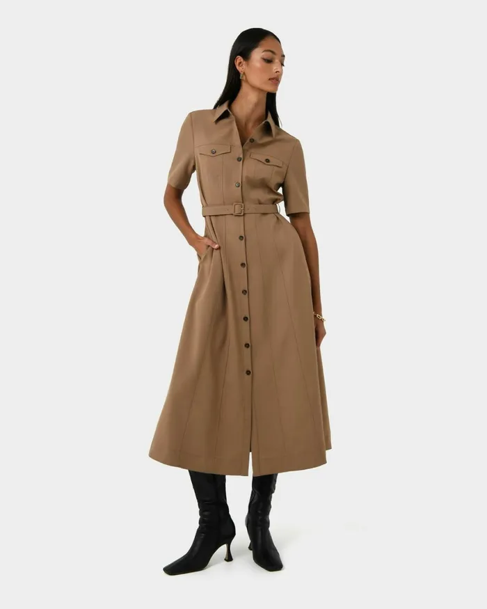 Forcast Amera Belted Utility Dress Wood Smokeblack Women Midi Dresses