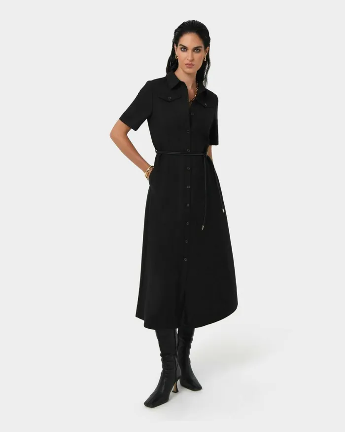 Forcast Amera Belted Utility Dress Wood Smokeblack Women Midi Dresses