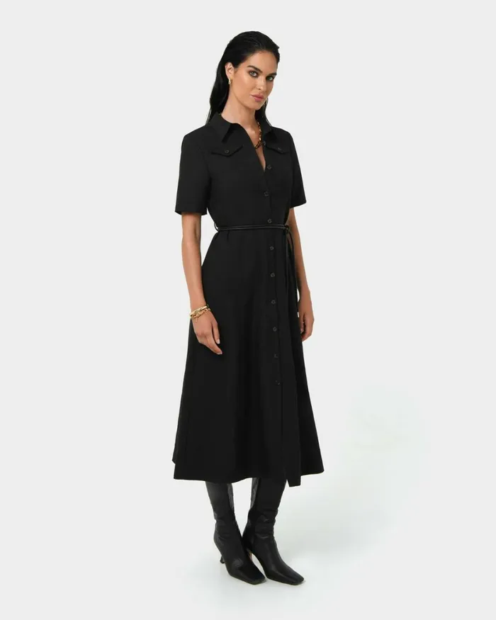 Forcast Amera Belted Utility Dress Wood Smokeblack Women Midi Dresses
