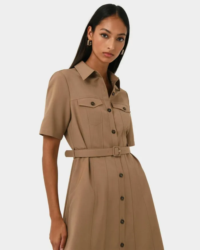 Forcast Amera Belted Utility Dress Wood Smokeblack Women Midi Dresses
