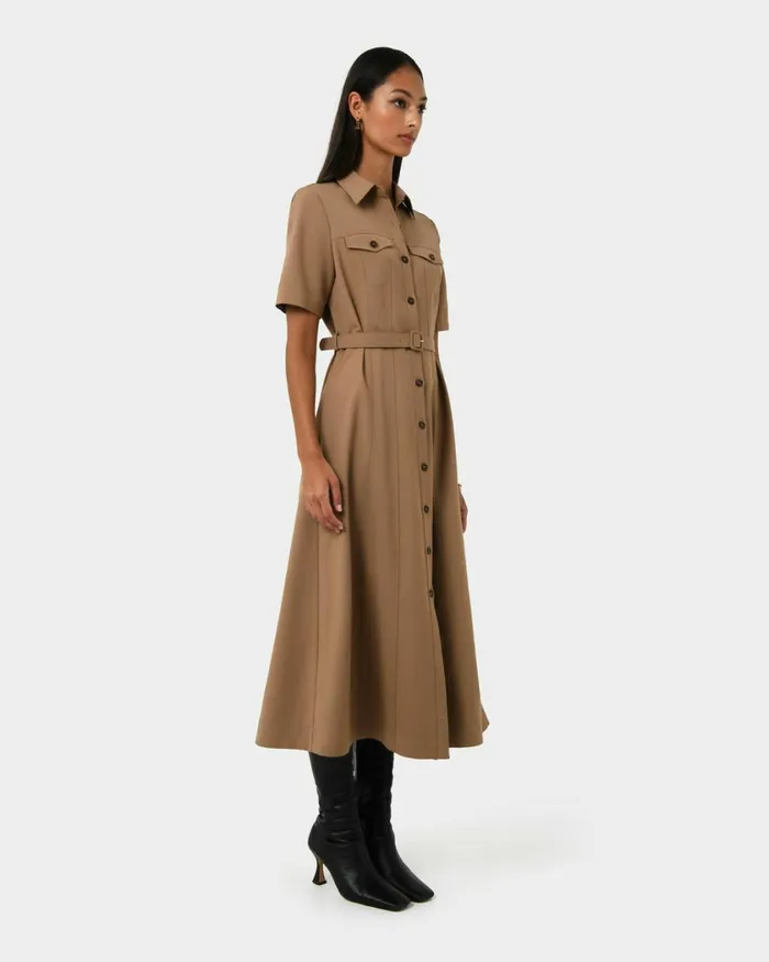 Forcast Amera Belted Utility Dress Wood Smokeblack Women Midi Dresses