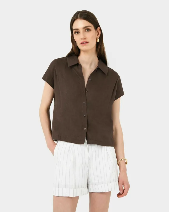 Forcast Ami Linen Collar Shirt Brownblack Women TShirts and Tops