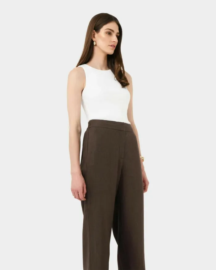 Forcast Ami Wide Leg Linen Pants Brownblack Women HighWaisted Pants