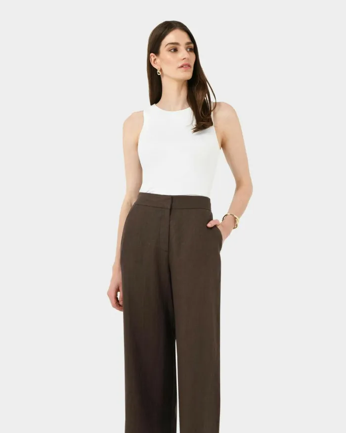 Forcast Ami Wide Leg Linen Pants Brownblack Women HighWaisted Pants