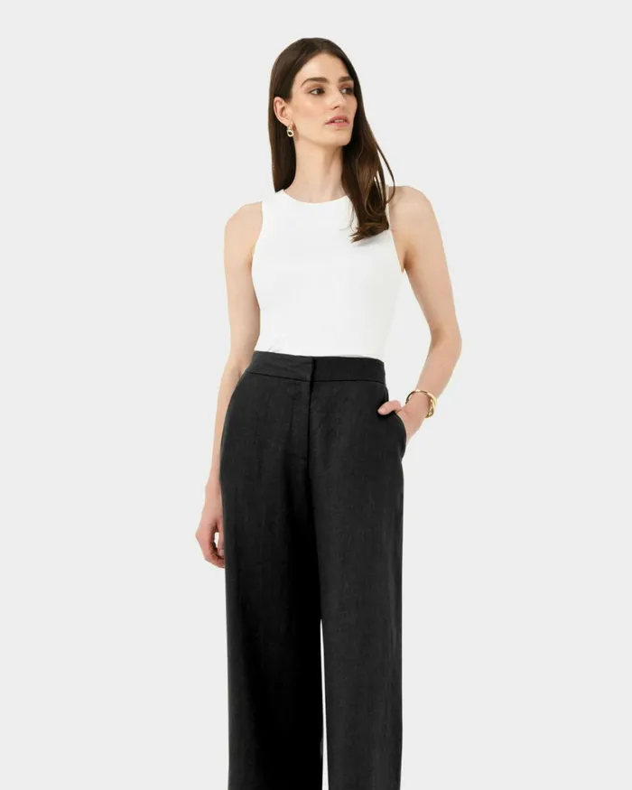 Forcast Ami Wide Leg Linen Pants Brownblack Women HighWaisted Pants