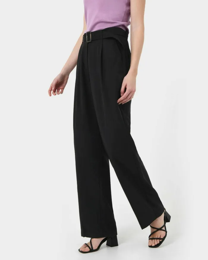 Forcast Anali Belted Wide Leg Trousers Black Women HighWaisted Pants