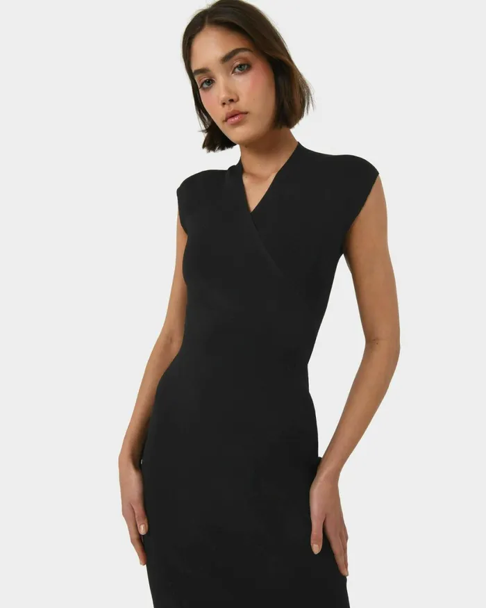 Forcast Ani Cross Over Knit Dress Black Women Midi Dresses