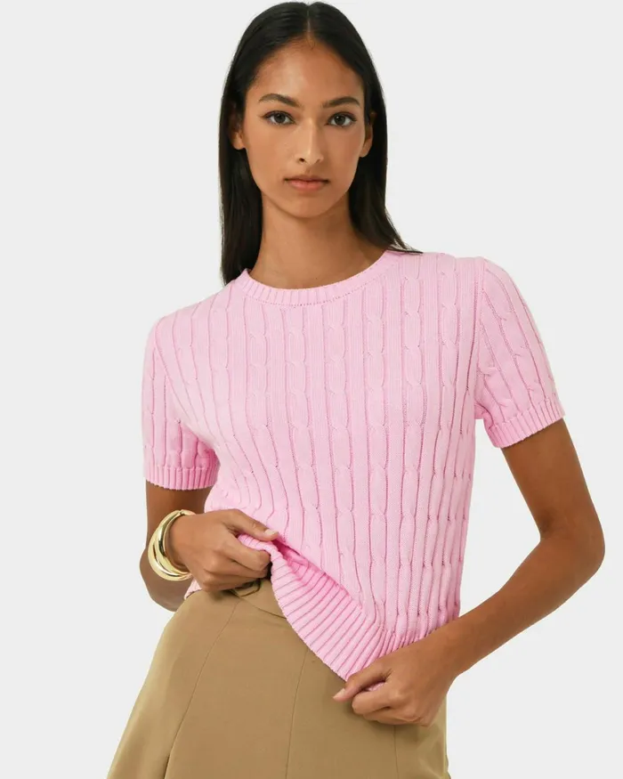 Forcast Anita Short Sleeve Cable Knit Light Taupepinkblack Women TShirts and Tops Forcast Anita Short Sleeve Cable Knit Light Taupepinkblack Women TShirts and Tops