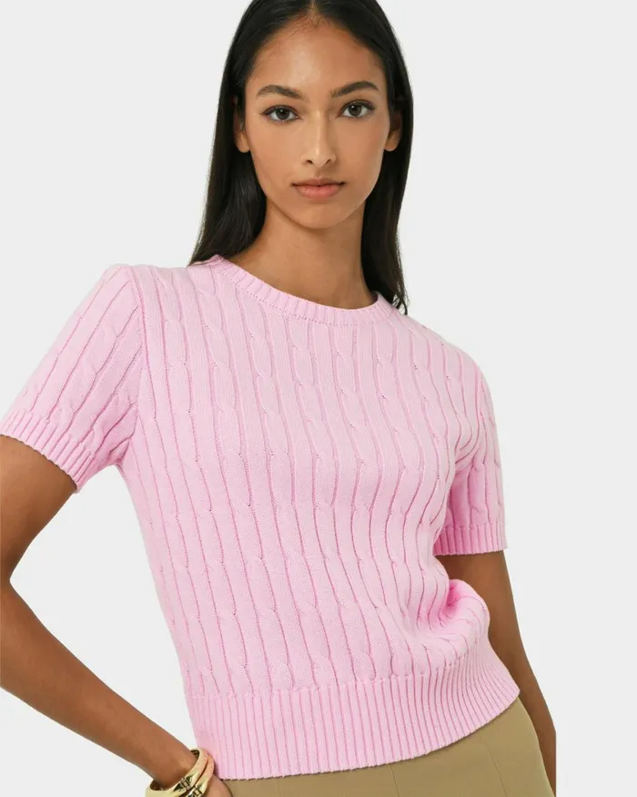 Forcast Anita Short Sleeve Cable Knit Light Taupepinkblack Women TShirts and Tops