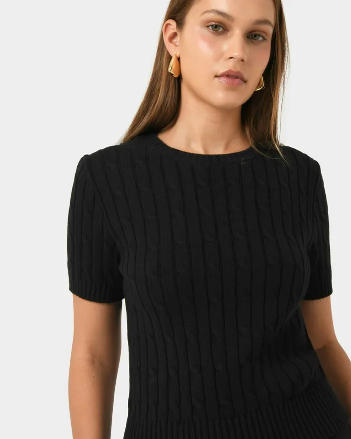Forcast Anita Short Sleeve Cable Knit Light Taupepinkblack Women TShirts and Tops