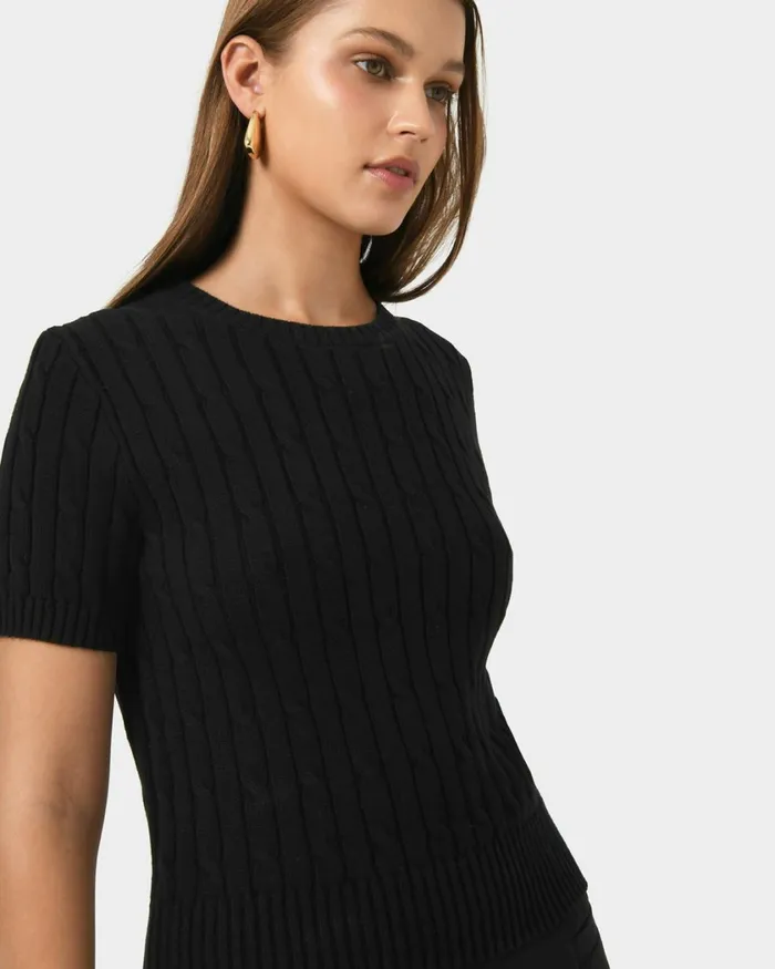 Forcast Anita Short Sleeve Cable Knit Light Taupepinkblack Women TShirts and Tops