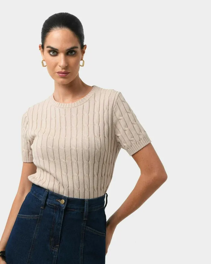 Forcast Anita Short Sleeve Cable Knit Light Taupepinkblack Women TShirts and Tops