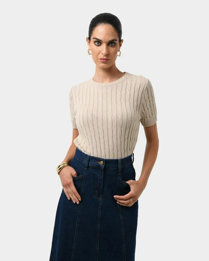 Forcast Anita Short Sleeve Cable Knit Light Taupepinkblack Women TShirts and Tops