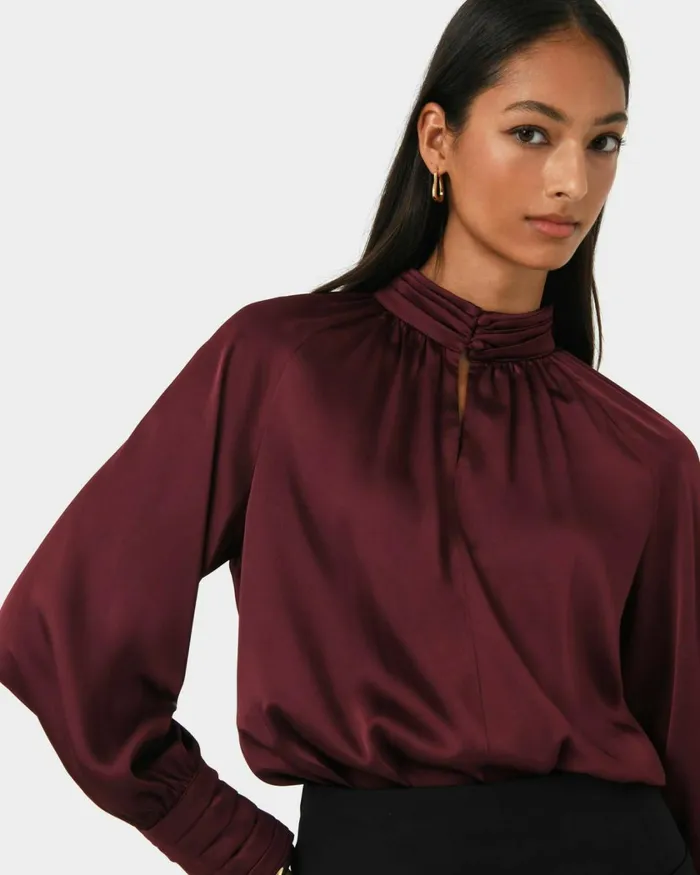 Forcast Anna Pleated Satin Blouse Winechampagneblack Women Long Sleeve Tops
