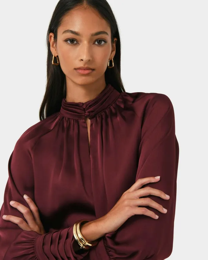 Forcast Anna Pleated Satin Blouse Winechampagneblack Women Long Sleeve Tops