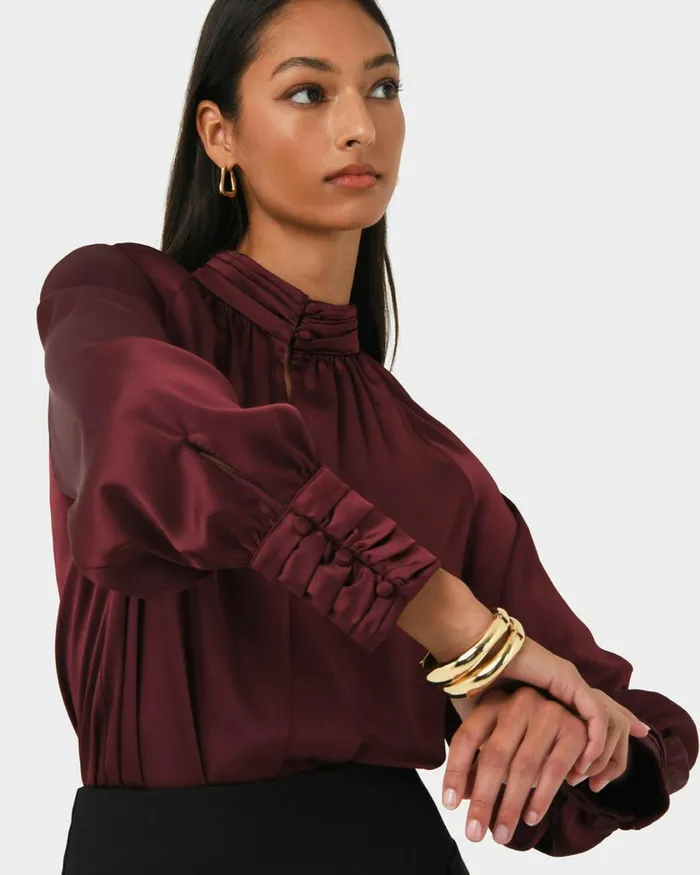 Forcast Anna Pleated Satin Blouse Winechampagneblack Women Long Sleeve Tops