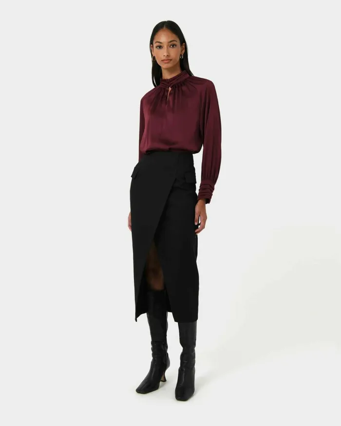 Forcast Anna Pleated Satin Blouse Winechampagneblack Women Long Sleeve Tops
