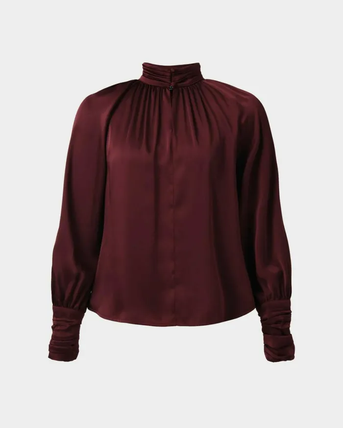 Forcast Anna Pleated Satin Blouse Winechampagneblack Women Long Sleeve Tops