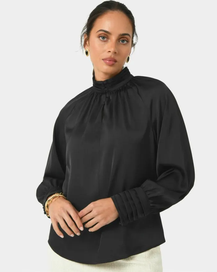 Forcast Anna Pleated Satin Blouse Winechampagneblack Women Long Sleeve Tops