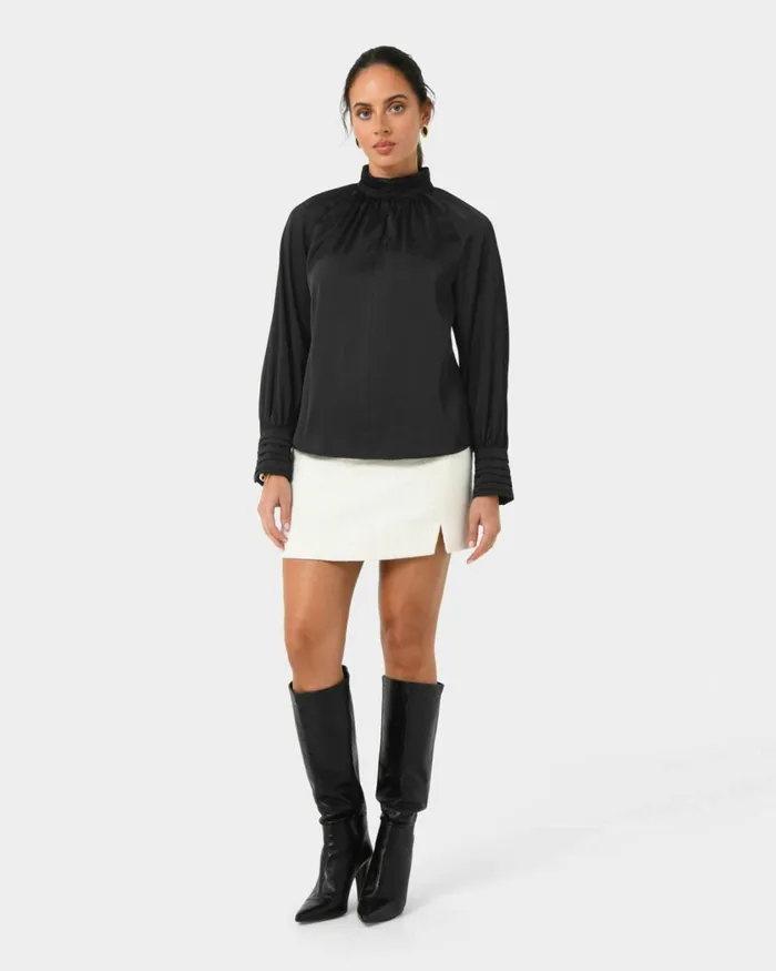 Forcast Anna Pleated Satin Blouse Winechampagneblack Women Long Sleeve Tops