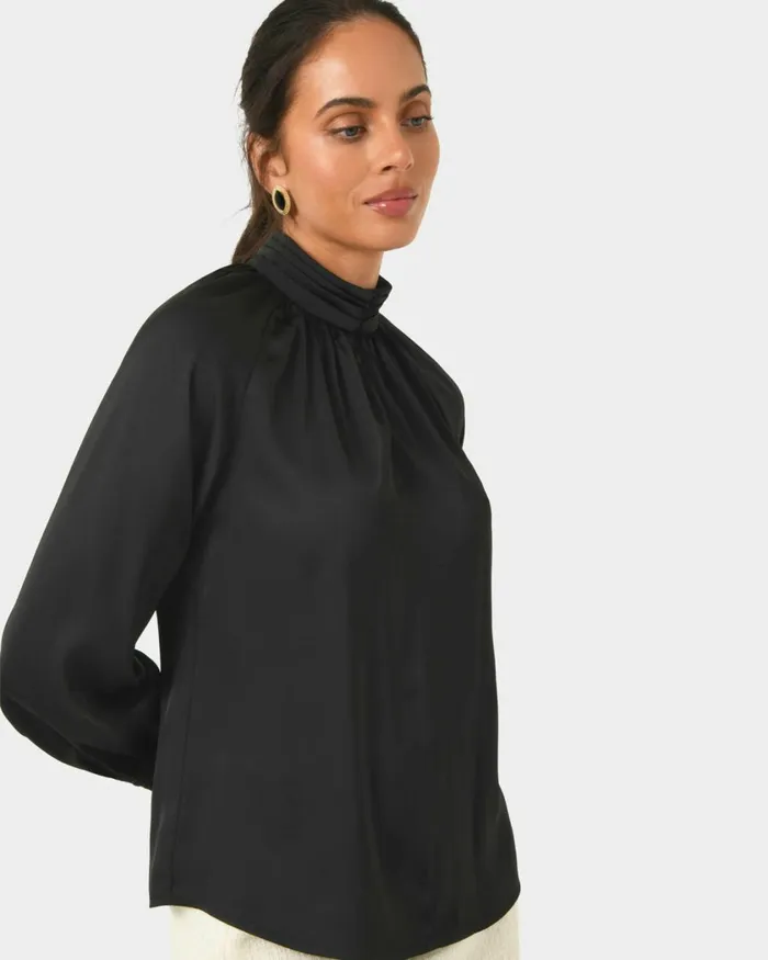 Forcast Anna Pleated Satin Blouse Winechampagneblack Women Long Sleeve Tops