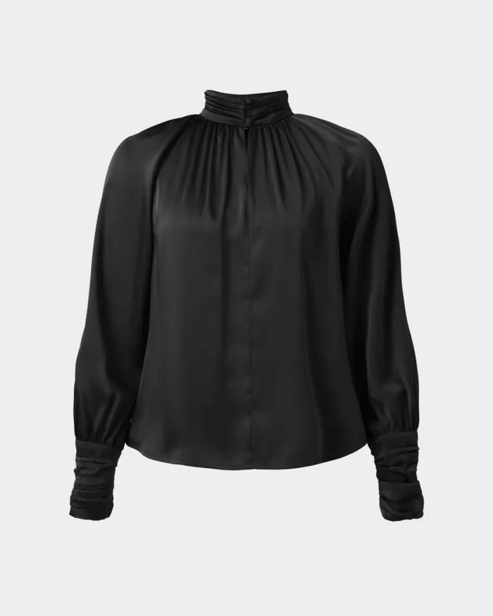 Forcast Anna Pleated Satin Blouse Winechampagneblack Women Long Sleeve Tops