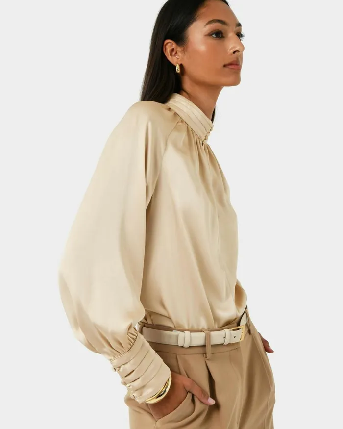 Forcast Anna Pleated Satin Blouse Winechampagneblack Women Long Sleeve Tops