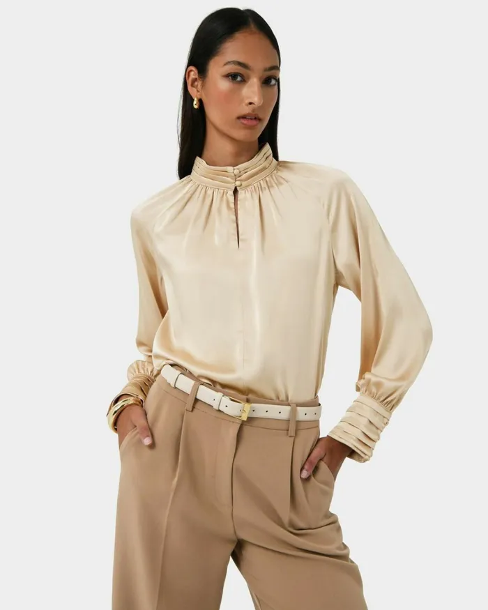 Forcast Anna Pleated Satin Blouse Winechampagneblack Women Long Sleeve Tops