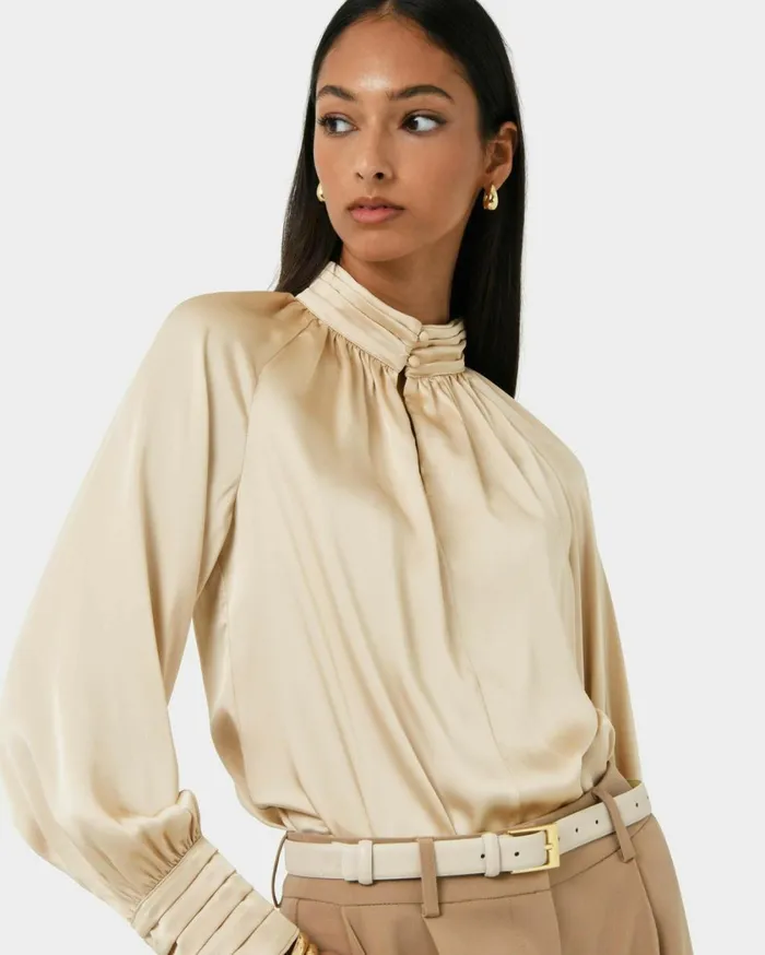 Forcast Anna Pleated Satin Blouse Winechampagneblack Women Long Sleeve Tops