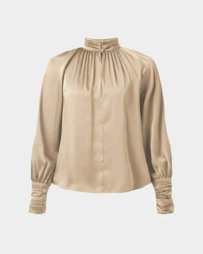 Forcast Anna Pleated Satin Blouse Winechampagneblack Women Long Sleeve Tops