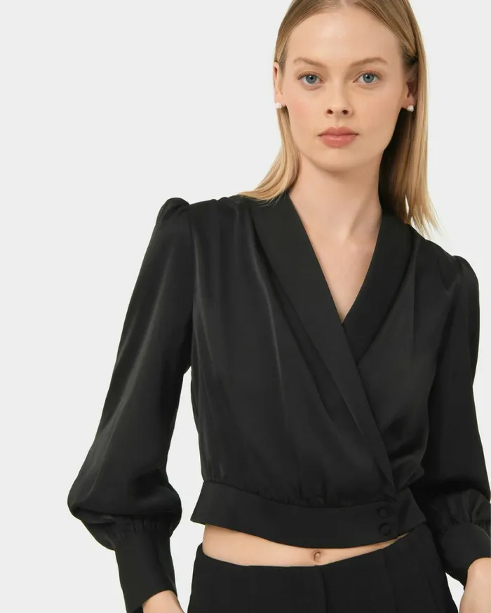 Forcast Avah Shawl Collar Satin Blouse Black Women TShirts and Tops