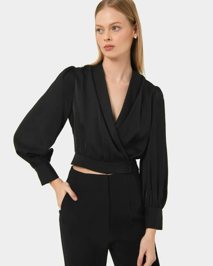 Forcast Avah Shawl Collar Satin Blouse Black Women TShirts and Tops