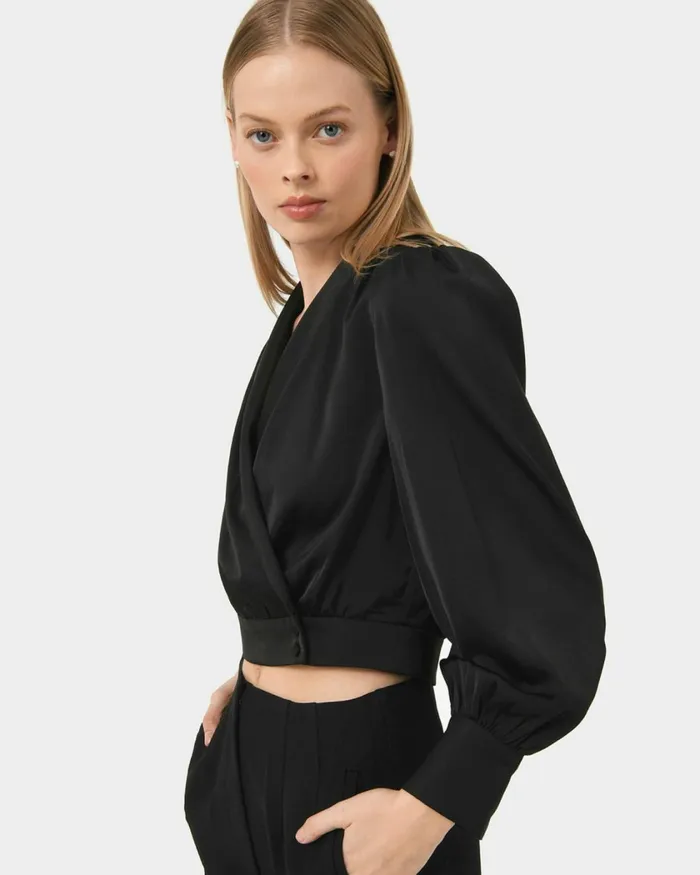 Forcast Avah Shawl Collar Satin Blouse Black Women TShirts and Tops