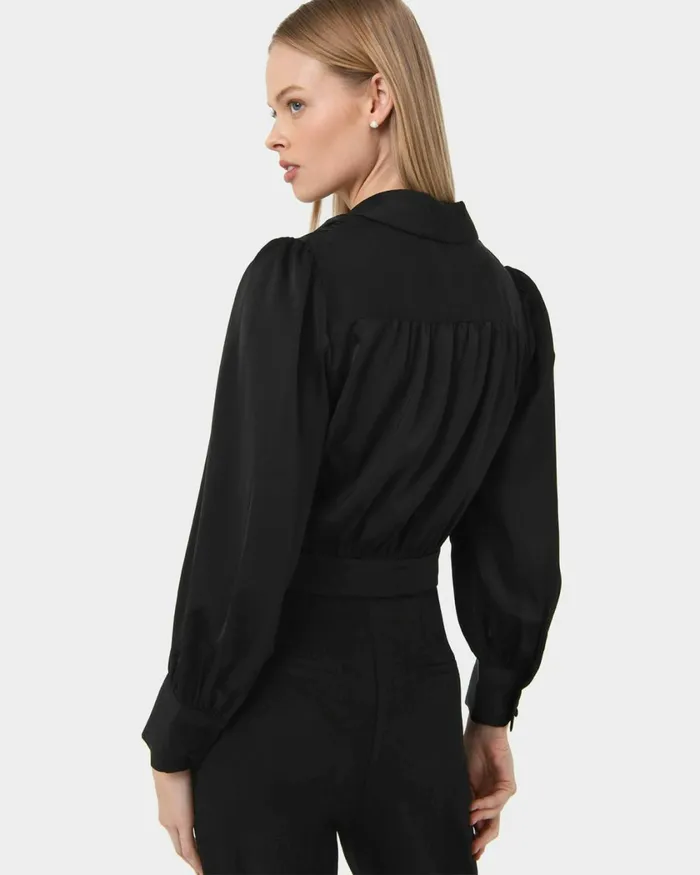 Forcast Avah Shawl Collar Satin Blouse Black Women TShirts and Tops
