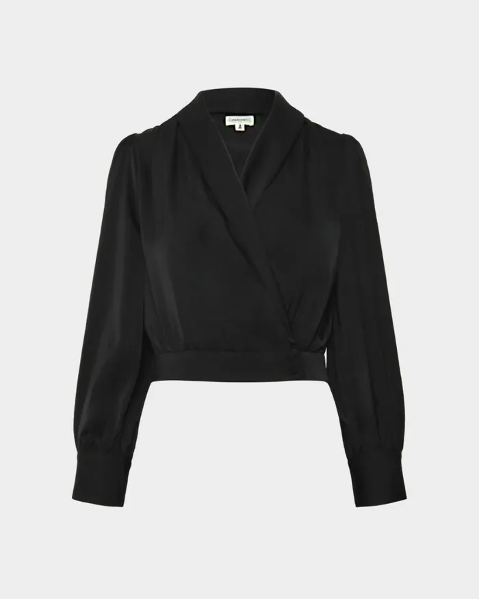 Forcast Avah Shawl Collar Satin Blouse Black Women TShirts and Tops