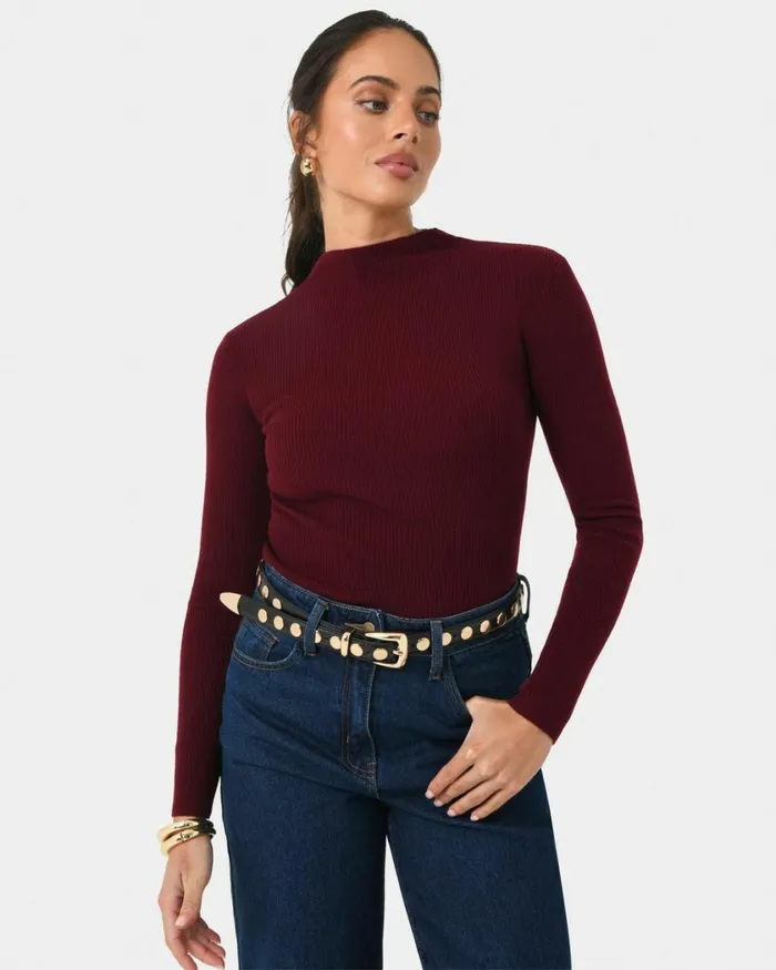 Forcast Avelyn Mock Neck Knit Wineoatmealblack Women TShirts and Tops