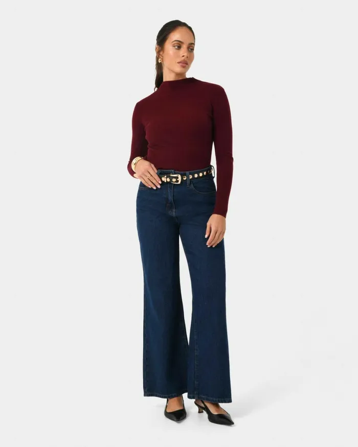 Forcast Avelyn Mock Neck Knit Wineoatmealblack Women TShirts and Tops