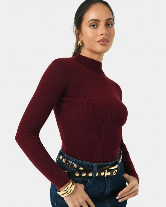 Forcast Avelyn Mock Neck Knit Wineoatmealblack Women TShirts and Tops