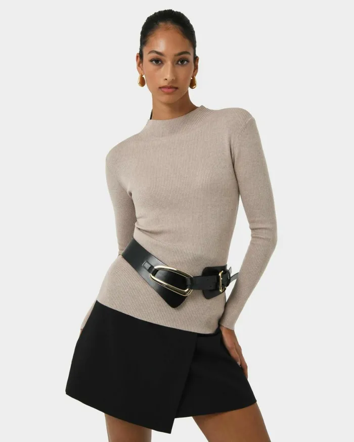 Forcast Avelyn Mock Neck Knit Wineoatmealblack Women TShirts and Tops