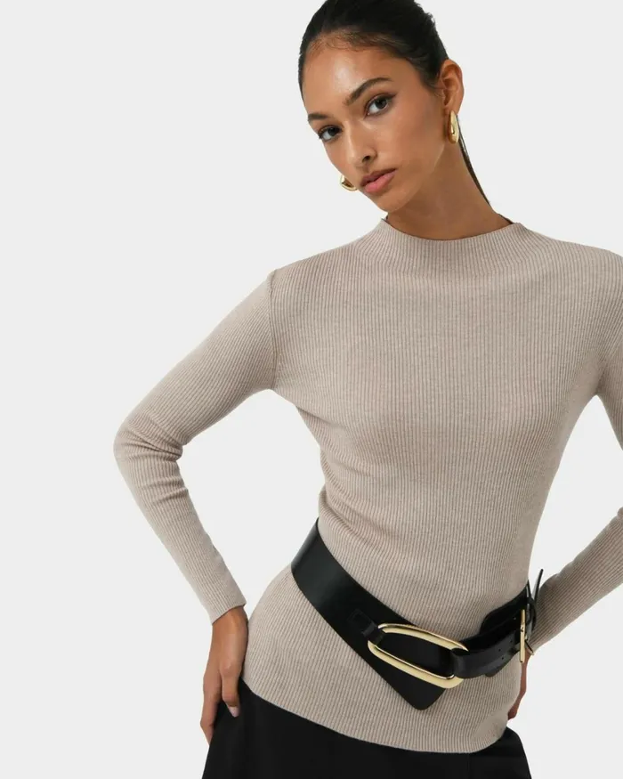 Forcast Avelyn Mock Neck Knit Wineoatmealblack Women TShirts and Tops