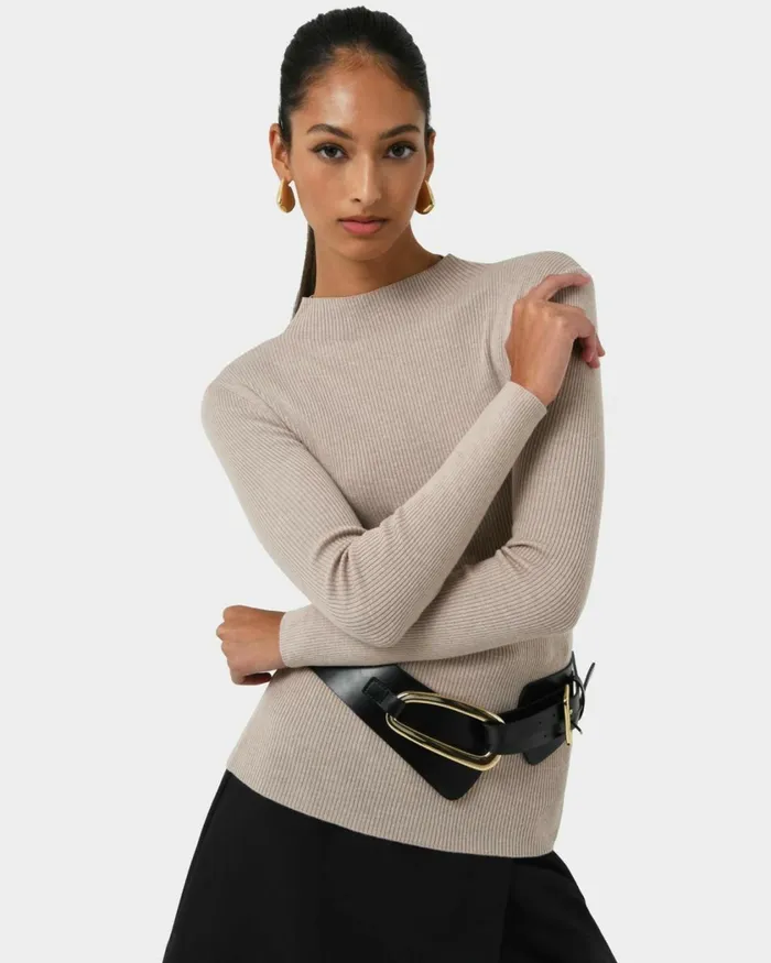 Forcast Avelyn Mock Neck Knit Wineoatmealblack Women TShirts and Tops