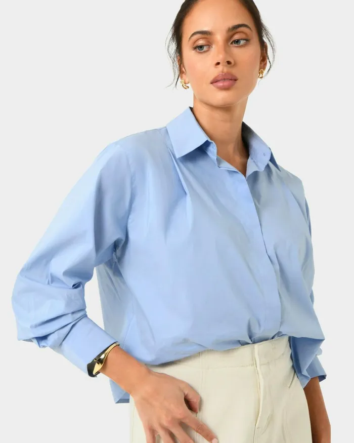Forcast Baire Pleated Crop Shirt Whiteblue Women Long Sleeve Tops