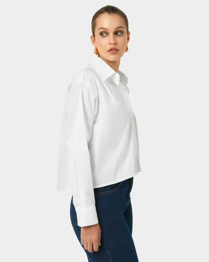 Forcast Baire Pleated Crop Shirt Whiteblue Women Long Sleeve Tops