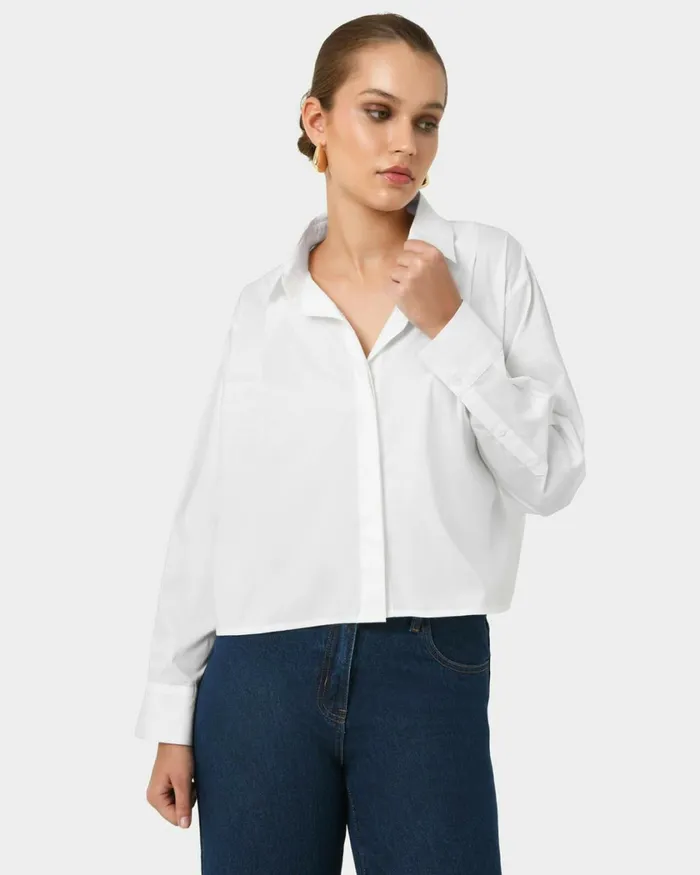 Forcast Baire Pleated Crop Shirt Whiteblue Women TShirts and Tops