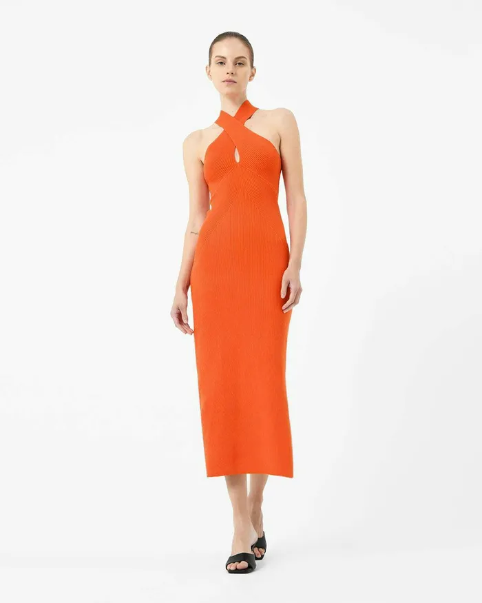 Forcast Beatrix Crisscross Neck Dress Rust Women Midi Dresses