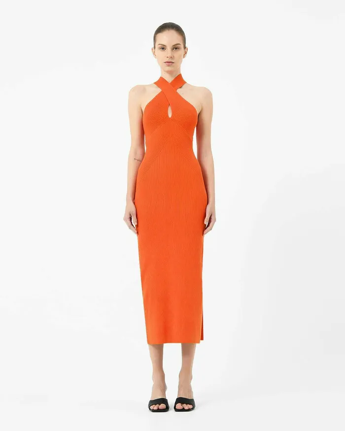 Forcast Beatrix Crisscross Neck Dress Rust Women Midi Dresses