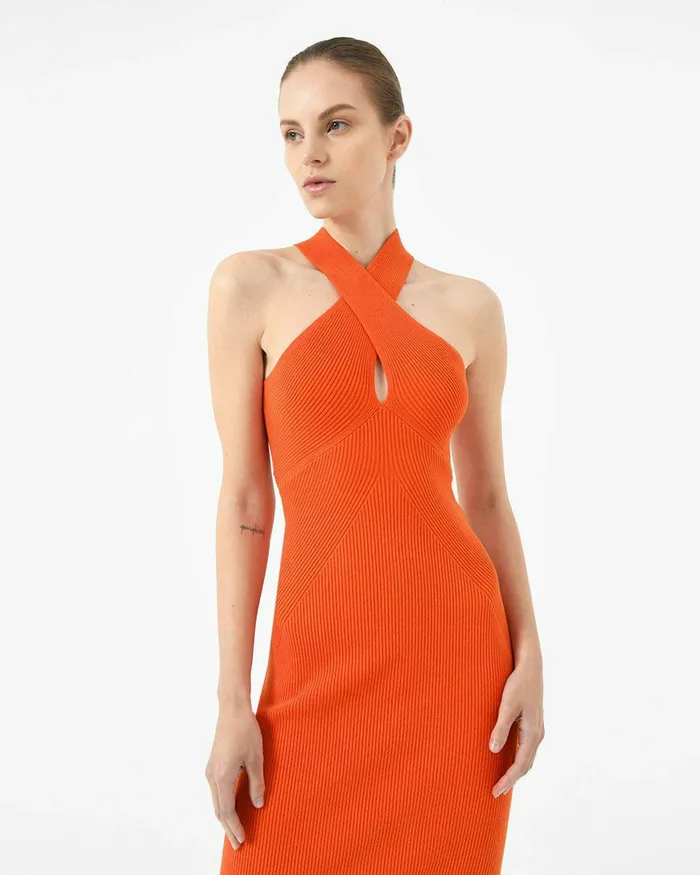 Forcast Beatrix Crisscross Neck Dress Rust Women Midi Dresses